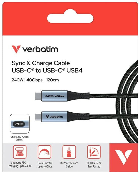 Verbatim Sync & Charge Kabel Usb-C Naar Usb-C 40Gb/S 240W Voor Telefoons