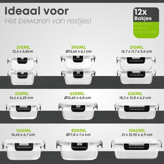 Savoré Kitchen Vershoudbakjes Set - Meal Prep Bakjes - Diepvriesbakjes Glas - Luchtdicht - 12 Stuks