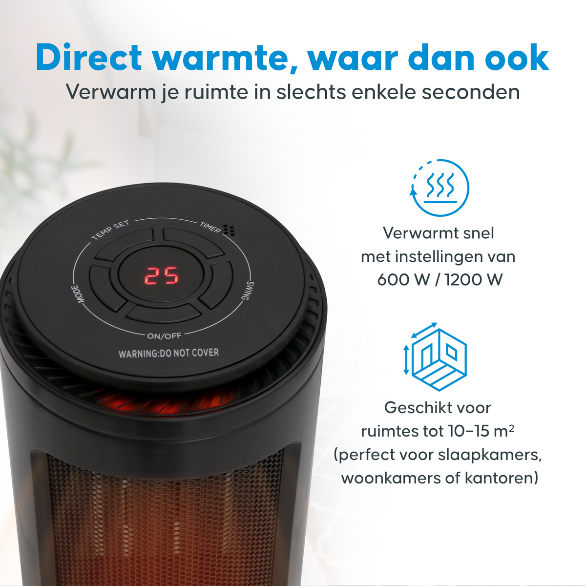 Aironex - Keramische Kachel - Model K1000 - 1200 W - Met Afstandsbediening & LCD-display - Omvalbeveiliging & Draaibaar - Kunststof - Zwart
