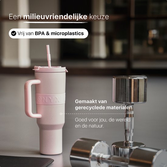 ONYX Drinkfles met Rietje 1 Liter - Waterfles voor Kinderen & Volwassenen - Thermosbeker RVS Travel Mug - Motiverende Drinkbus - Drinkbeker voor School - Candy Pink