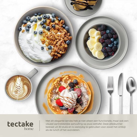 tectake® Serviesset Una - 30-delig - Aardewerk - 6 Persoons - Stijlvol en Duurzaam Servies - Bordenset met Grote en Kleine Borden, Kommen, Schaaltjes - Kopjes - Grijs