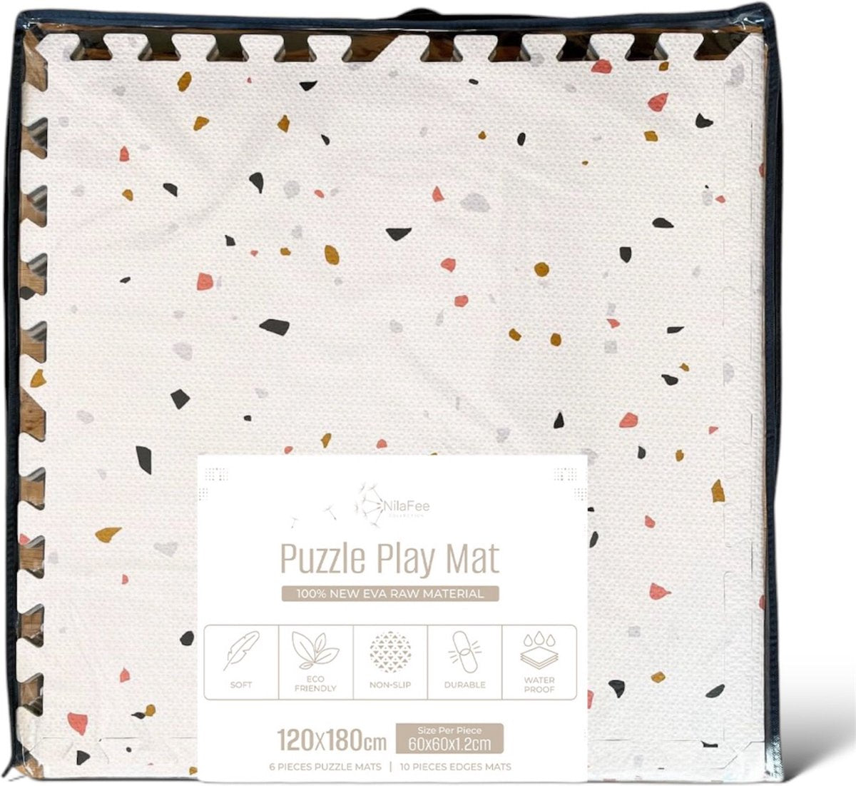 NilaFee Luxe Speelmat voor Baby – Terrazzo Puzzelmat – 180 x 120 x 1,5 cm – Classic Wit