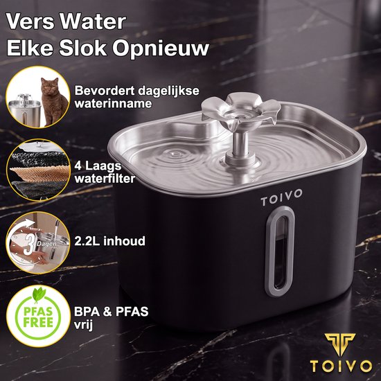 Toivo Drinkfontein Kat - 2.2 L - RVS - Waterfontein met Venster Incl. 4 filters - Waterdispenser - Fluisterstil - Kattenfontein - Drinkbak - Waterbak - Zwart