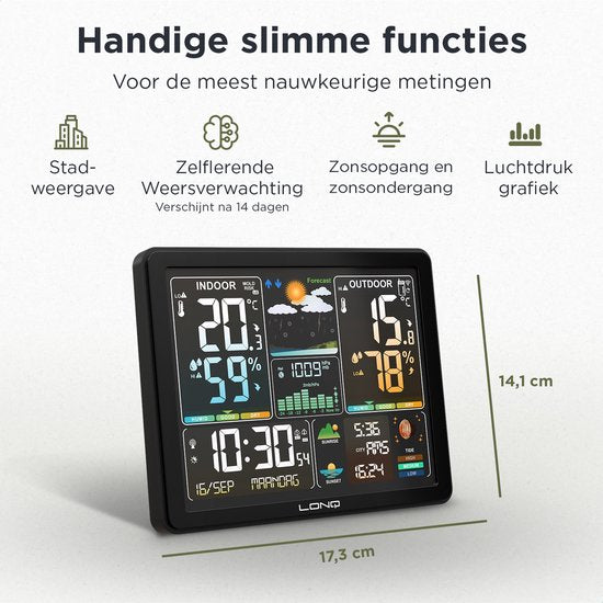 LONQ Weerstation Binnen en Buiten Q5 - Incl. Batterijen - Draadloos Weerstation met Buitensensor - Thermometer Hygrometer - Kleurendisplay - DCF Gestuurde Klok