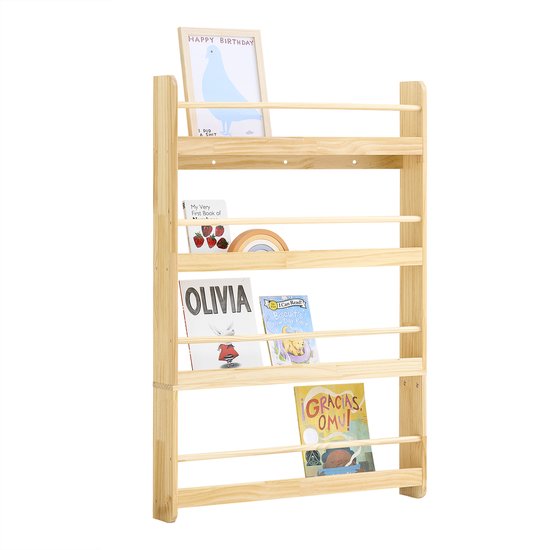 SoBuy KMB08-N Boekenkast voor kinderen, 4 niveaus, meubels, opslag, speelgoed, boekenkast, opbergkast, plank, slaapkamer, natuur, 80 x 12 x 118 cm
