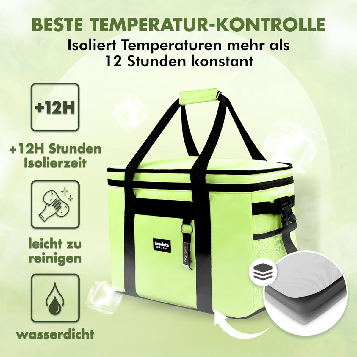 five Dots Koeltas - 30L Inhoud - Waterdicht - 26 x 41 x 31 cm - Groen