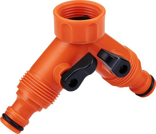 BLACK+DECKER Dubbel Kraanstuk Tuinslang - Tuinslang Koppeling - 3/4" Kraanaansluitingen - Geïntegreerde Waterstop - Waterstroom Reguleren - Kunststof - Oranje/Zwart