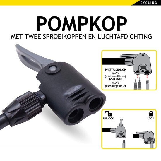 Dunlop Fietspomp met Drukmeter - Dubbel Ventiel - Hollands Ventiel/ Frans Ventiel/ Autoventiel