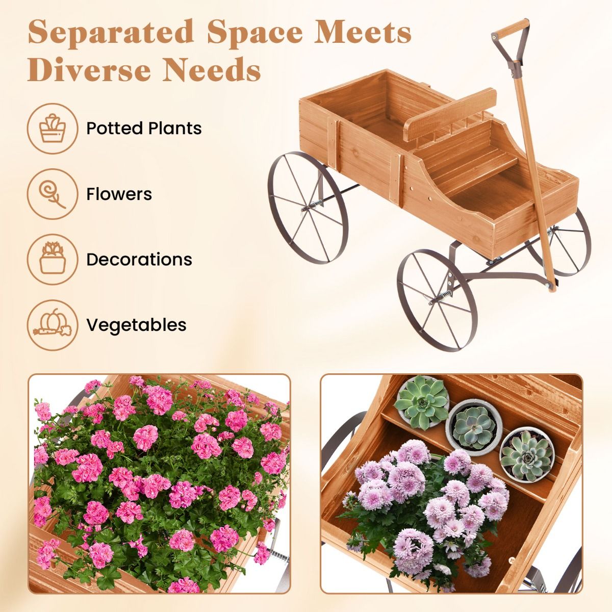 Coast Houten Plantenwagen met 2 Secties en Wielen - 62x34x61 cm - Oranje