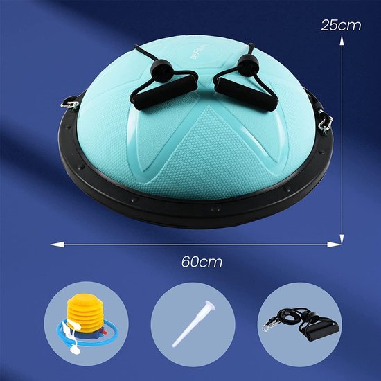 DH FitLife Balansbal, yoga balanstrainer, diameter van 60 x 22 cm, tot 200 kg belastbaar, halve gymnastiekbal, fitness balansboard, evenwichtsboard met pomp en 2 fitnessbanden