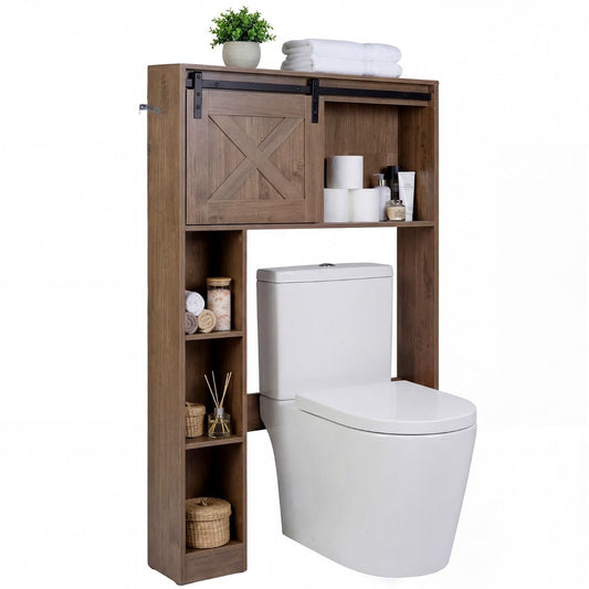 Coast toiletkast met schuifdeur - vrijstaand badkamerrek - hout en MDF - donkerbruin - 84 x 17 x 128 cm