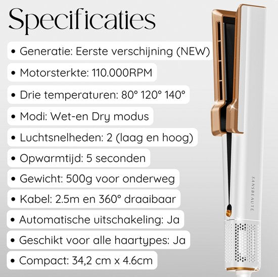 Sansbeauté Stijltang – Wet-to-Dry, 3 Warmtestanden – 1600 W – 34,2 x 4,6 x cm – Zwart
