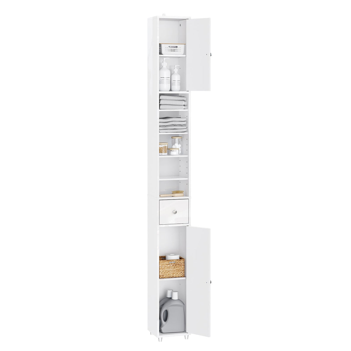 SoBuy Hoge Badkamerkast met Lade en Deuren – Wit Hoogglans – 20x20x180 cm