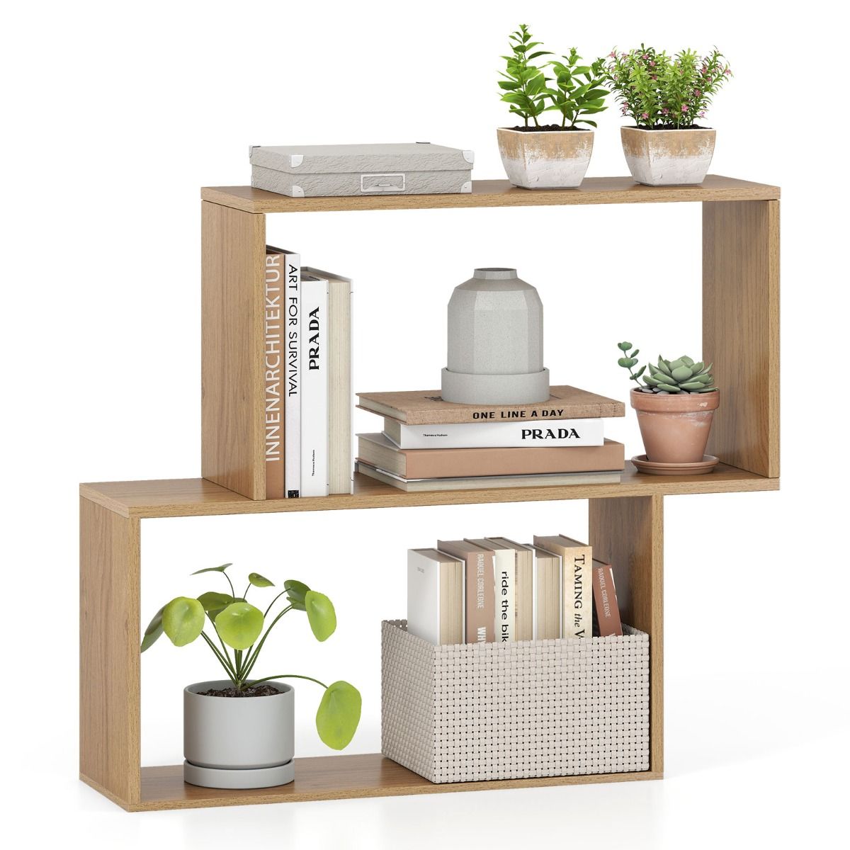 Coast Boekenrek - 3-laags geometrisch ontwerp - 2 kubusvormige vakken - naturel hout