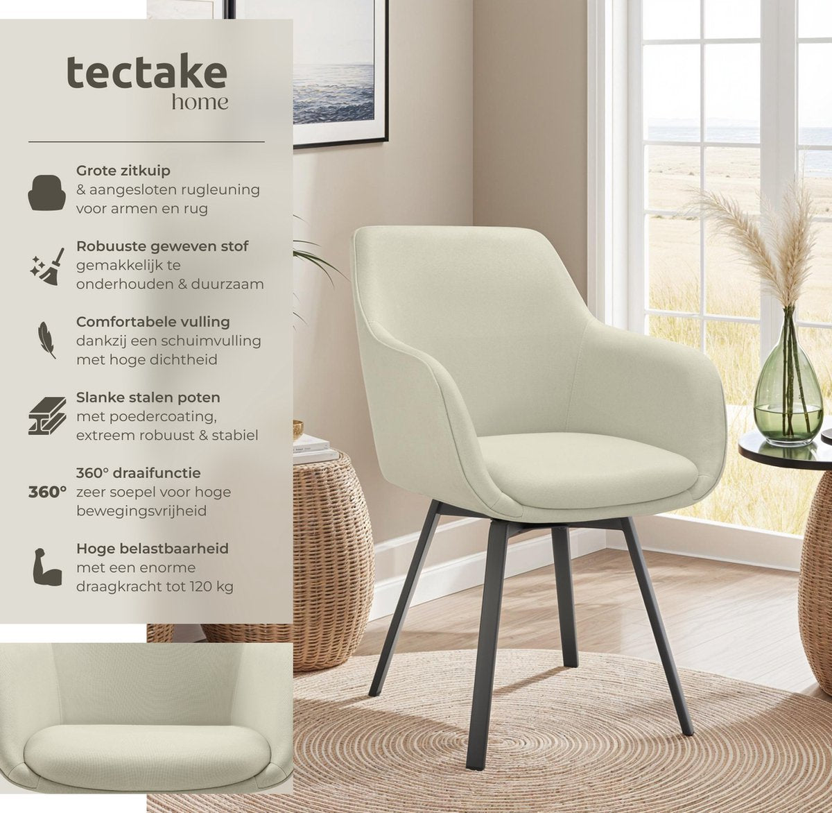 tectake® - Draaibare Eetkamerstoel Alicon - 57x59x88 cm – Set van 2 – Beige – Stijlvol en Comfortabel - Woonkamer Of Kantoor