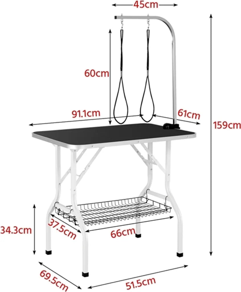 Yaheetech Hondentrimtafel 91 x 61 x 80 cm - Zwart - Opvouwbare Verzorgingstafel met Verstelbare Trimarm en Opbergmand