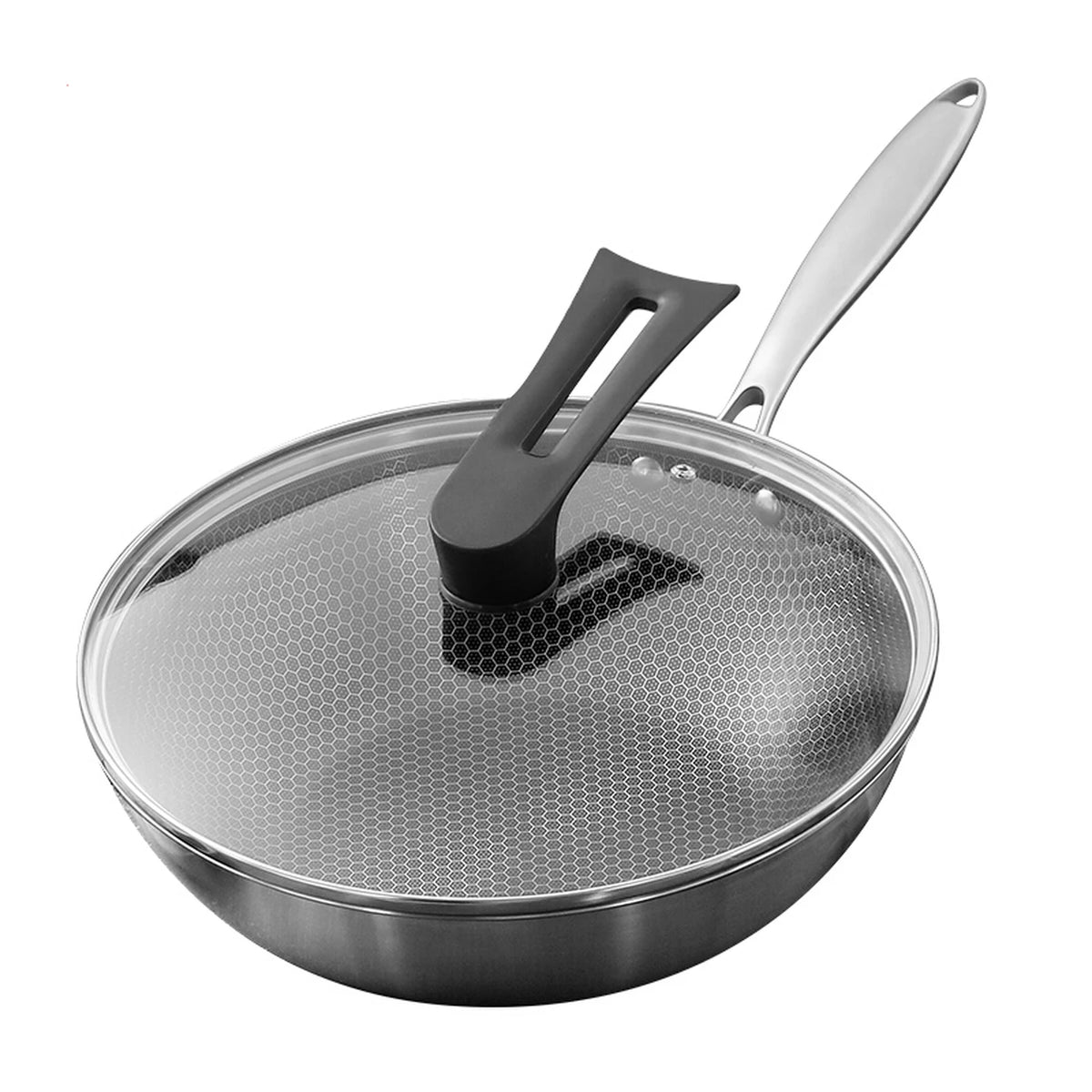 Ochama Wok 30 cm met Deksel - RVS Honingraat Anti-aanbak zonder Teflon - Geschikt voor Inductie, Gas en Elektrisch