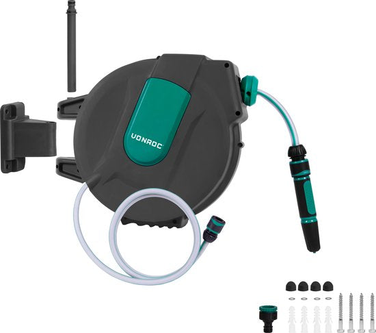 VONROC Wandslangenbox – Incl. 15m Slang, Spuitstuk & Oprolsysteem – Antraciet