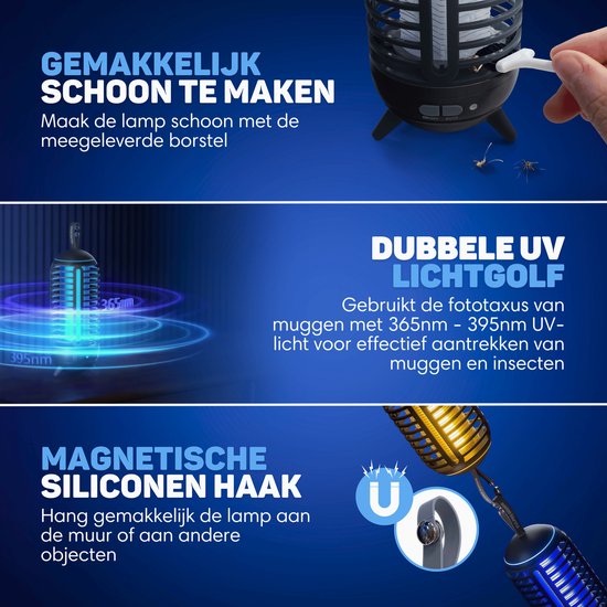 Vulpes Goods® Verjager - Muggenlamp Oplaadbaar - Elektrische Insectendoder - Vliegenlamp - Insectenlamp - UV stand & Nachtlamp - Ophangbaar - Waterdicht - Incl. opvangbak & schoonmaakborstel