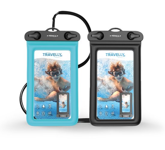 Travelly ® Waterdicht Telefoonhoesje Set van 2 – Universeel Onderwater Hoesje voor Smartphone – Geschikt voor alle telefoons – Drybag – Voor Vakantie, Zwemmen & Watersport – Zwart/Blauw