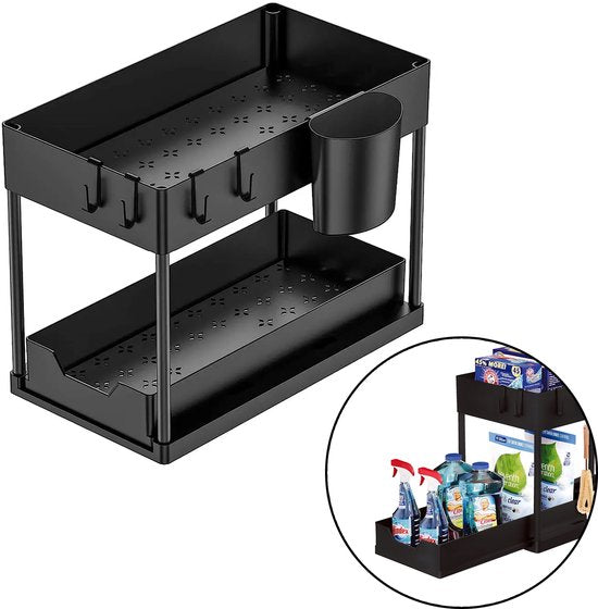 Nexxt Keukenkast Organizer - 2 Lagen – Rek met Uitschuifbare Lade - Inclusief Haakjes en Bakjes – Gootsteen Organizer - Zwart