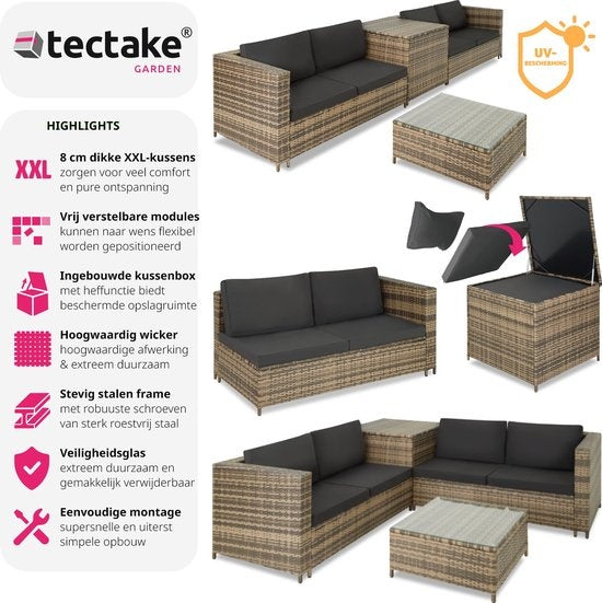 Tectake - Wicker Loungeset Siena (4 Personen) - Modulair, Opbergbox, Extra Dikke Kussens, UV- & Weerbestendig, Stalen Frame - Natuur/Donkergrijs