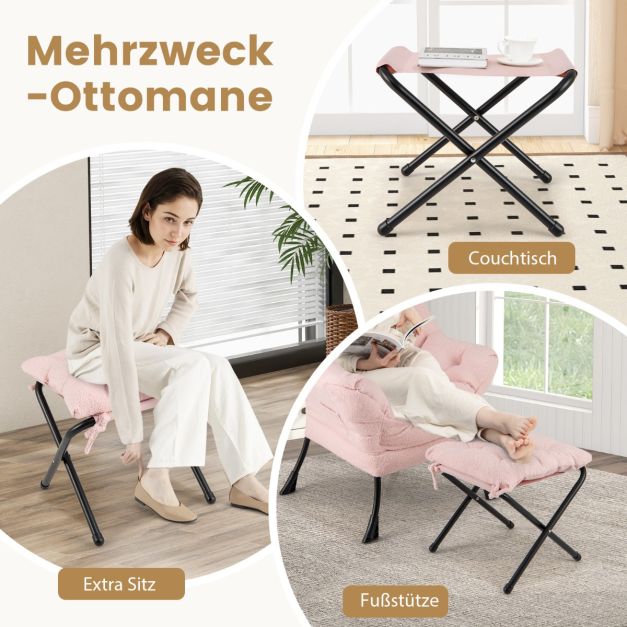 Coast Roze Loungestoel met Armleuningen, Hoofdkussen & Zijvak – Relaxfauteuil met Optionele Voetenbank – Sherpa – Roze