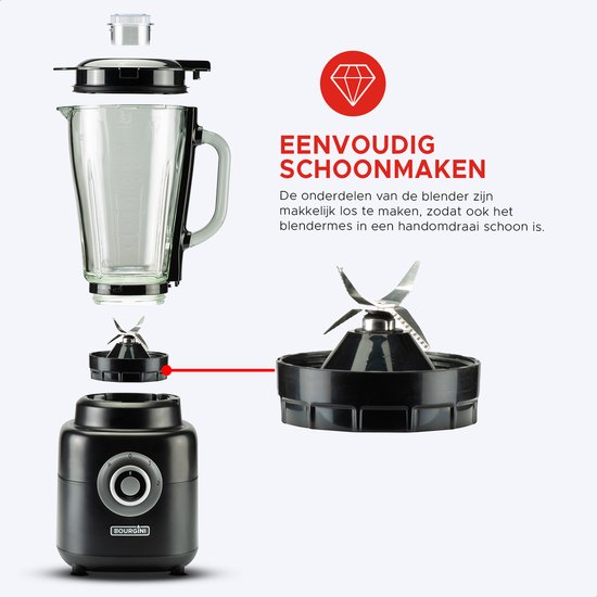 Bourgini PowerBlender - 1.75L - Blender to go met 700ml beker - Blender smoothie en ijscrusher - 1000 Watt - Zwart