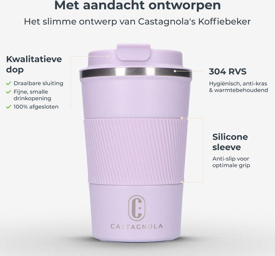Castagnola Thermosbeker - Koffiebeker To Go - Travel Mug voor Koffie en Thee - Theebeker - 380 ML - RVS - Lichtpaars