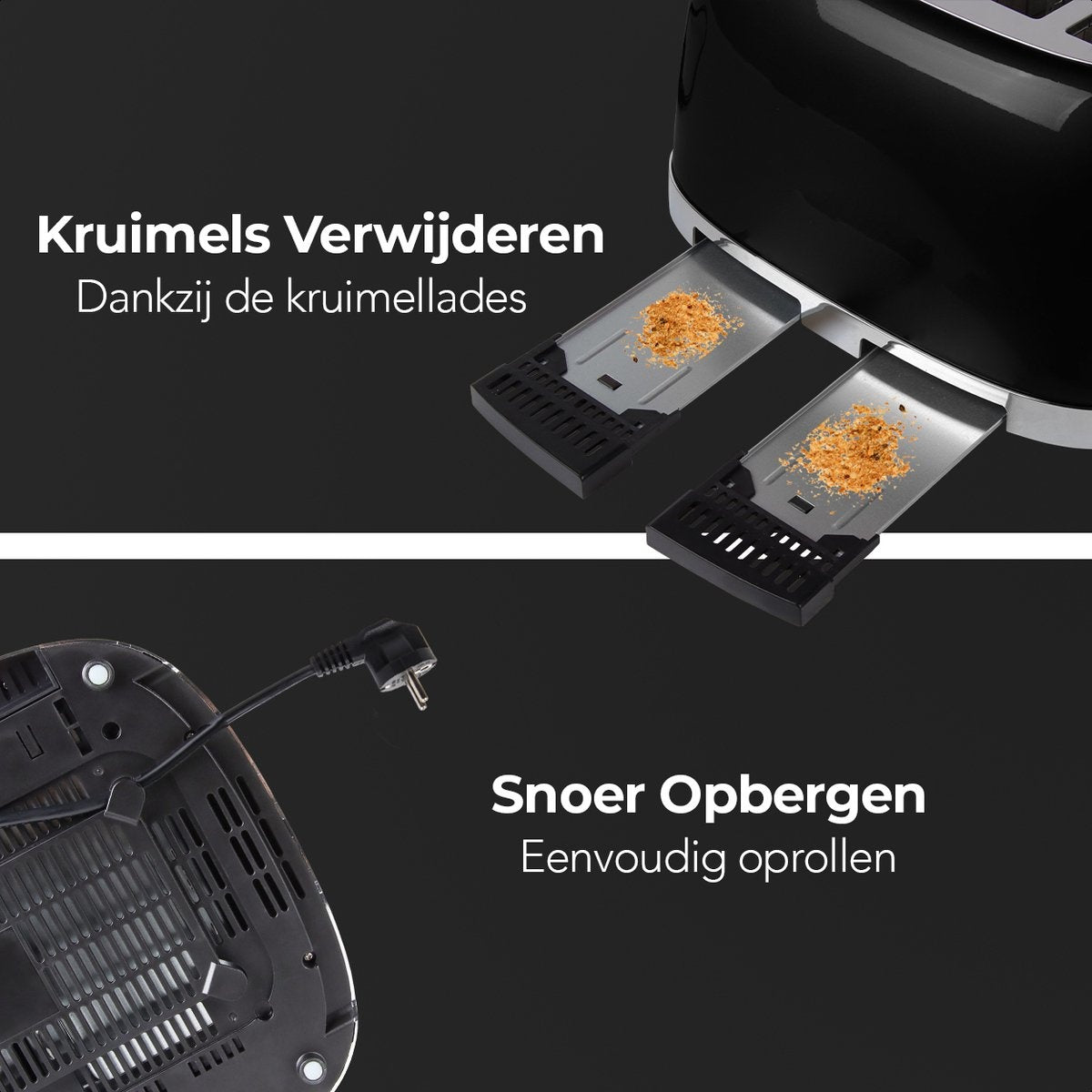 KitchenBrothers Retro Broodrooster - Toaster - 6 Warmteniveaus - 4 Extra Brede Sleuven - 1630W - Zwart