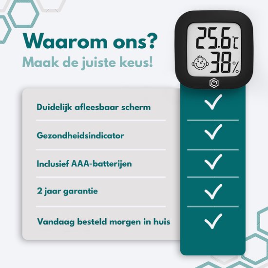 Ease Electronicz hygrometer - Weerstation - Luchtvochtigheidsmeter - Thermometer Voor Binnen - Incl. Batterij en Plakstrip