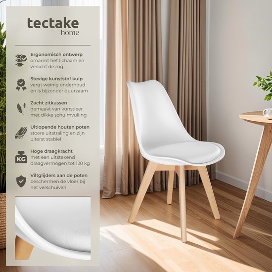 tectake® Eetkamerstoel Frederikke - Set van 6 Eetkamerstoelen met Gevoerde Stoffen Zitting - Massief Houten Poten - Ergonomische Stoelen geschikt voor Woonkamer, Eetkamer, Slaapkamer en Keuken - Draagkracht 120kg - Wit