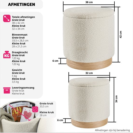 tectake® - Set van 2 krukken met opbergruimte - bouclé teddy stof - Scandi - Gestoffeerde kruk rond - Voor make-uptafel, slaapkamer, woonkamer - 2 maten (38 en 32cm)
