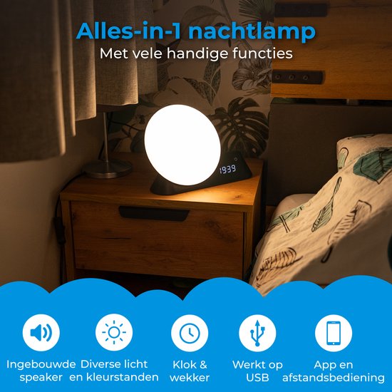 Nuvance Wake up light - Digitale Wekker - Nachtlamp - Slaapkamer - Slaaptrainer - met Geluiden - Speaker - Stemgestuurd