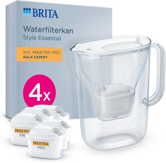 BRITA Waterfilterkan Style Essential Cool - 2,4L - Wit - incl. 4x MAXTRA PRO Kalk Expert Waterfilterpatronen - past in de koelkast, met Smart LED Light & klapdeksel