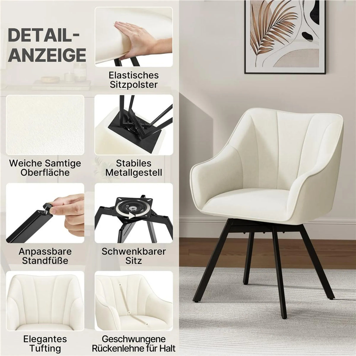 Yaheetech 360° Draaibare Eetkamerstoel van Samt 55x58,5x82 cm – Stijlvol Beige – Polyester en Metaal