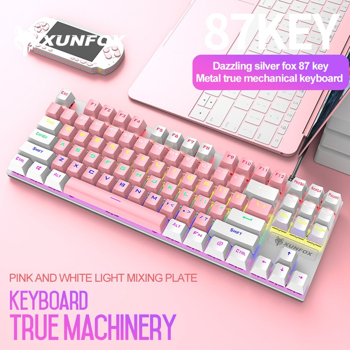 XUNFOX K80 RGB mechanisch 87keys TKL gaming toetsenbord - Windows/Mac game toetsenbord - blue switch - Mechanical Keyboard - QWERTY - anti-ghosting game toetsenborden - Roze/Wit