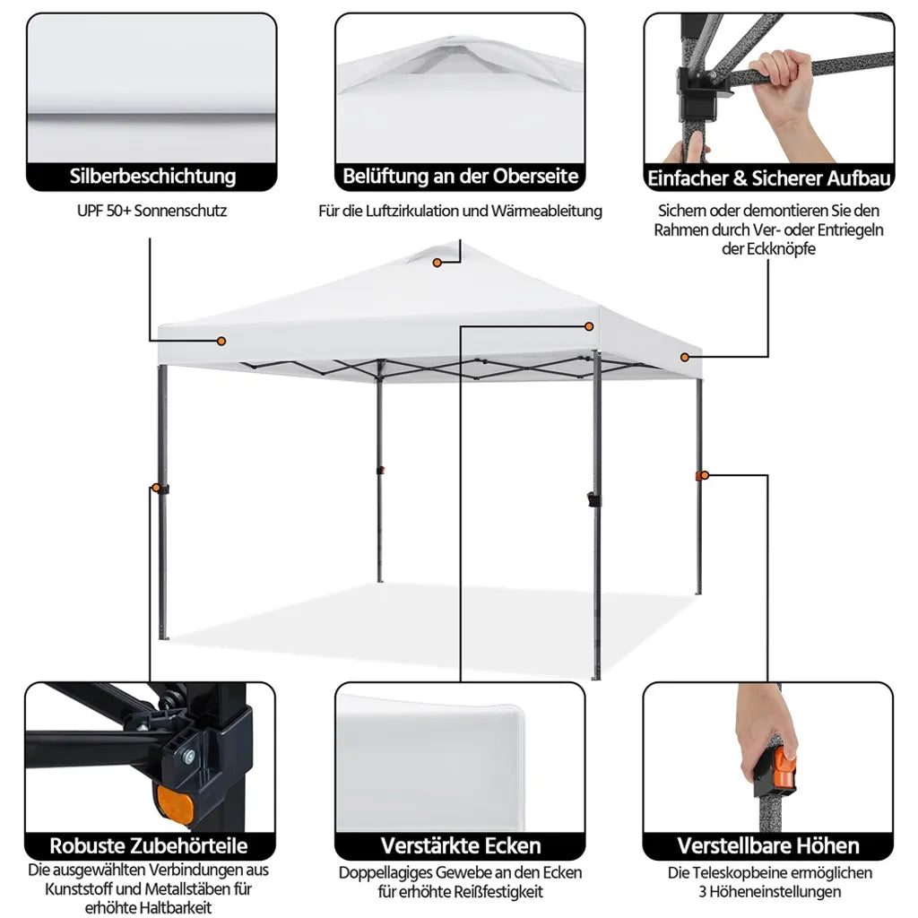 Yaheetech Opvouwbare Partytent 3 x 3 m - Wit - Waterdicht - Verstelbare Hoogte - UV50+ - Inclusief Draagtas en 4 Zandzakken
