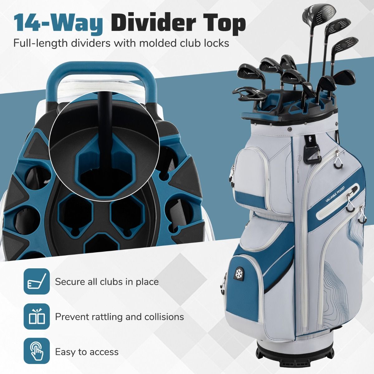 Coast Golfbag met 14 Vakken, 11 Zakken, Draagriem & Regenhoes – Lichtgewicht Golfkar Tas – 34x24x90,5 cm – Marineblauw