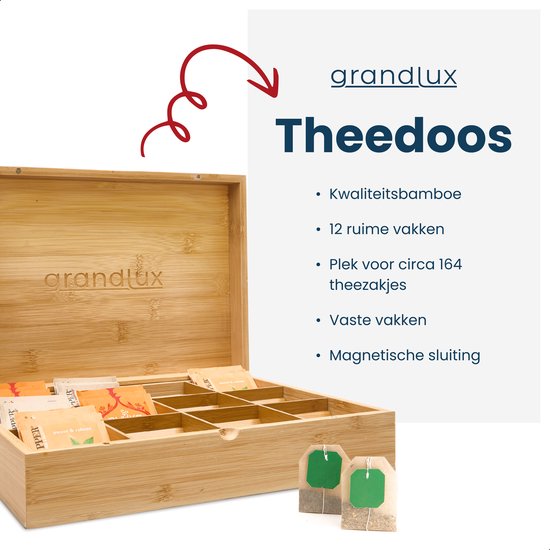 Grandlux Theedoos 12 Vaks – Ruime Vakken voor Pickwick, Pukka, Twinings, Clipper – 100% Bamboe – Thee Organizer