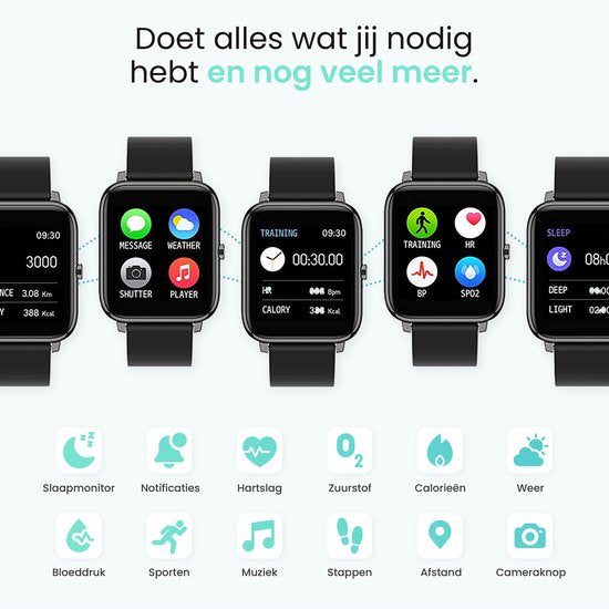 MAOO Amplify Smartwatch – Incl. Screenprotector – Hartslag, Bloeddruk & Bloedsaturatie – Slaapmonitor – Stappenteller – Afstandsmeting – Waterproof – Android & iOS – Zwart