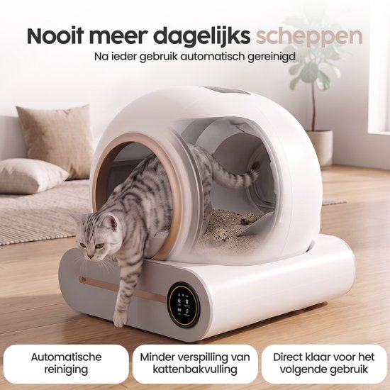 Infinity Goods Automatische Kattenbak XXL - Zelfreinigende Kattenbak - Incl. App - 75L - Met Kattenbakmat en 3 Rollen Opbergzakjes - Wit/Roségoud