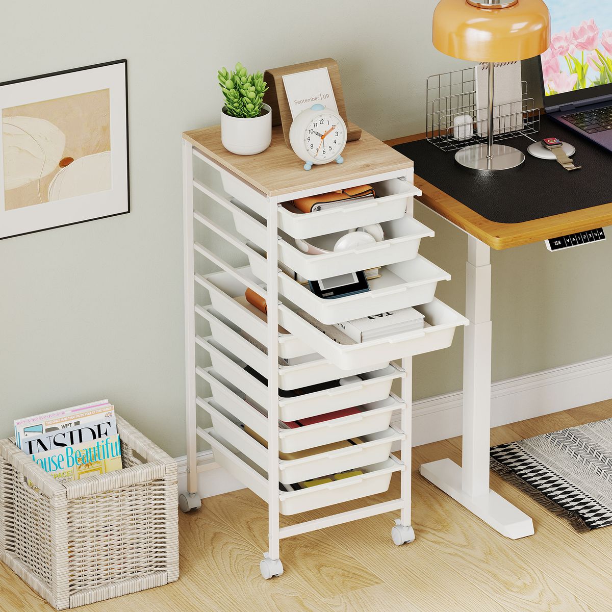 Coast Rolcontainer met 10 lades - stabiel metalen frame - houten blad - wit - 37 x 32,5 x 85 cm