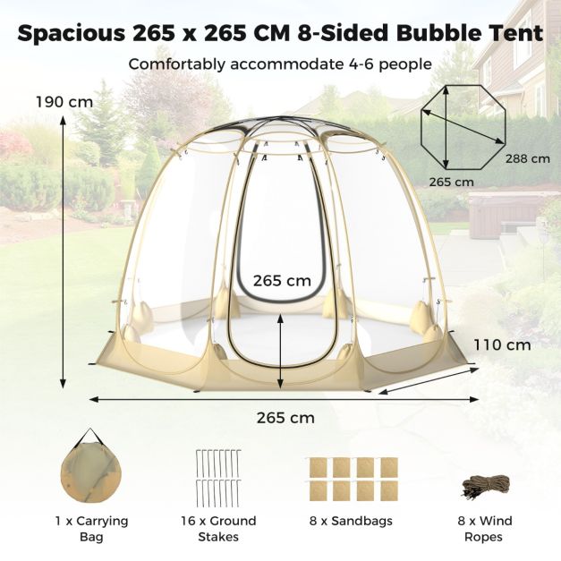 coast 630° transparante pop-up bubble tent 265 x 265 x 190 cm voor 5-6 personen, beige