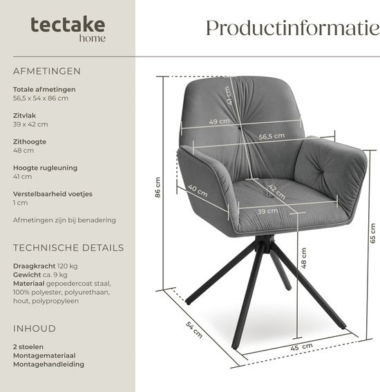 tectake® Draaifauteuil Lenia - Set van 2 Draaifauteuils met Armleuning - Draaibare Eetkamerstoel - Draaibare Fauteuils - Gestoffeerd - Fluweellook Antraciet/Zwart