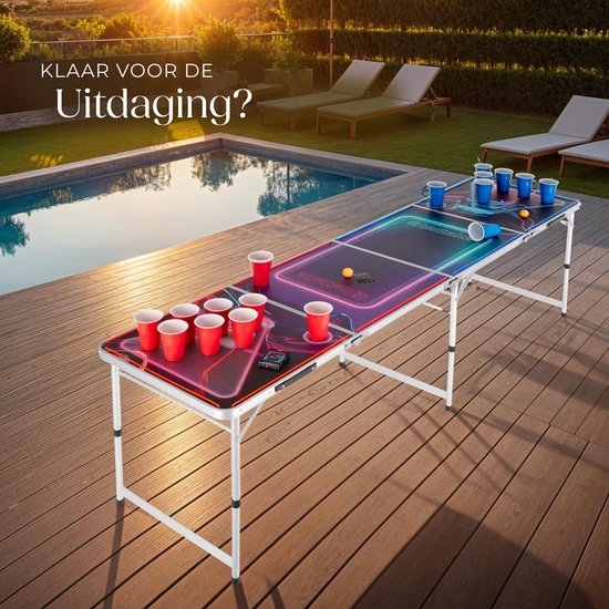 tectake® Beerpong Tafel - Met Feestdecoratie - LED-verlichting - Bierpong Tafel in Hoogte Verstelbaar en Inklapbaar - Drankspel met Accessoires - 100x Plastic Bekers, 6x pingpongballen, Kaartspel met Kaarten