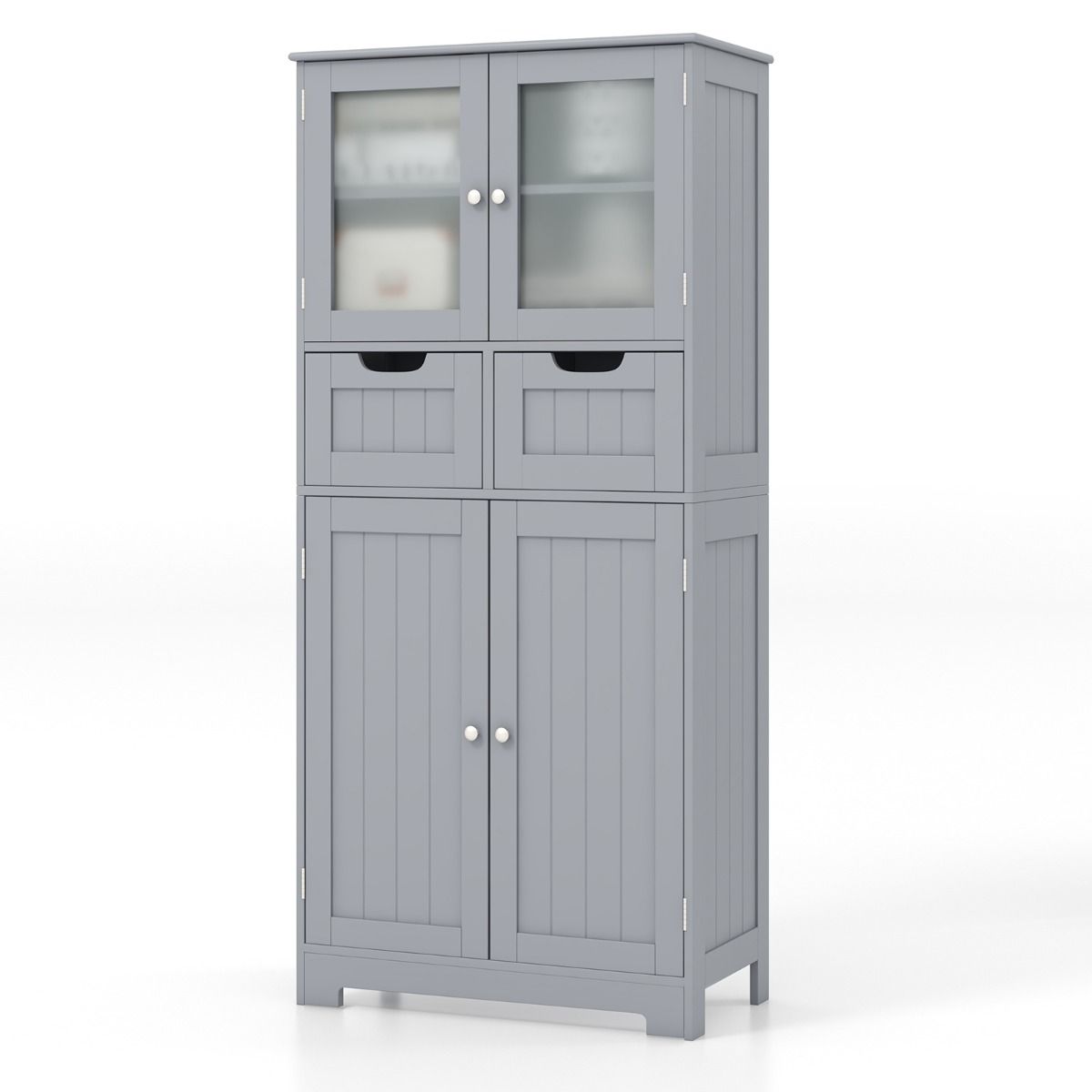 Coast Staande Kast 4 Deuren met 2 Glazen Deuren, 2 Lades en Verstelbare Planken – Grijs, 60 x 30 x 128 cm