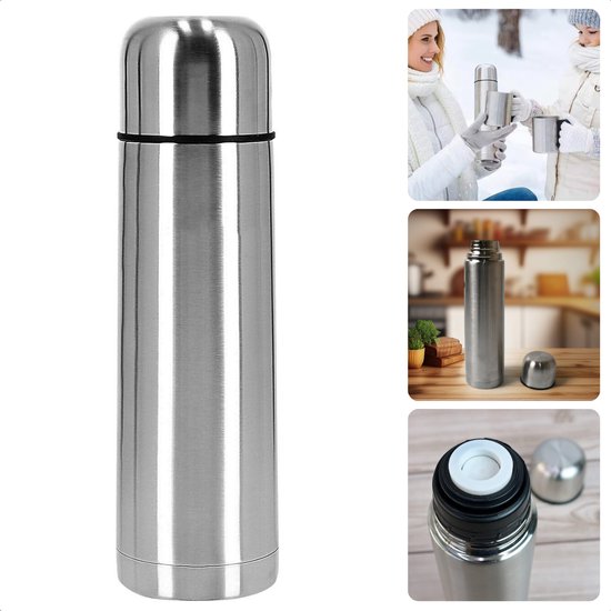 Thermosfles - Thermosbeker - Isolatiekan - Isoleerkan - Dubbelwandig - 0.5 Liter - RVS - Voor Warme en Koude Dranken - Inclusief EBOOK