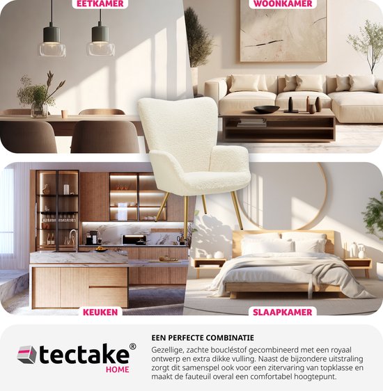 tectake® Oorfauteuil in Scandinavische stijl - Teddystoel Hygge - Stoel voor woonkamer, slaapkamer - Loungefauteuil - Goud metalen poten - Draagvermogen tot 150 kg - Crème
