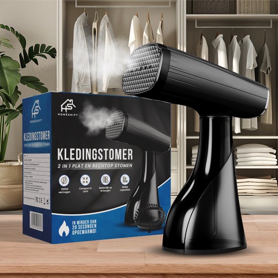 HomeShift Kledingstomer - Stoomapparaat - Handstomer - Voor Kleding en Meubilair - 380ML - Zwart